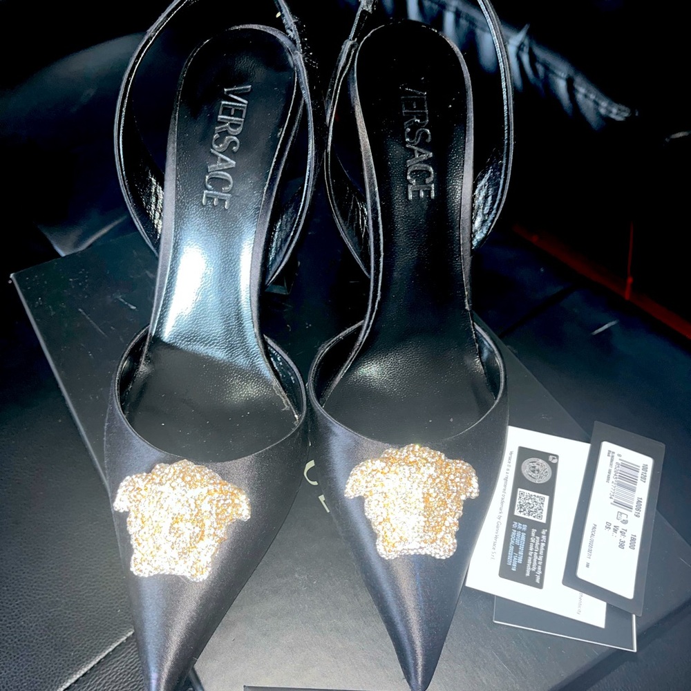 Black Versace La Medusa sling back heels